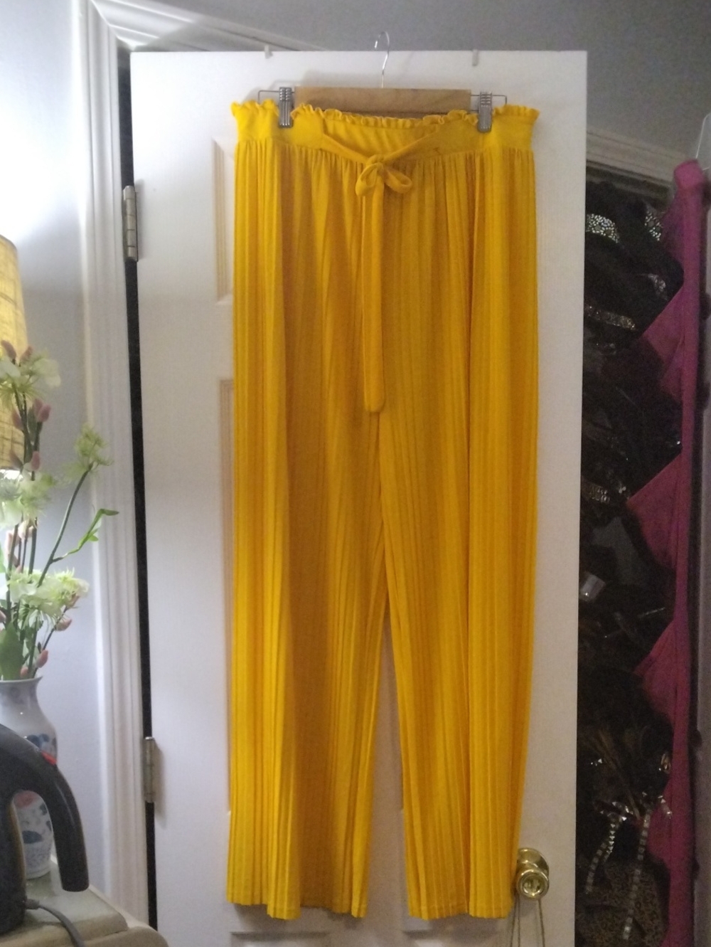 Soho Apparel Bright Yellow Pleated Wide-Leg Pants with Tie Waist